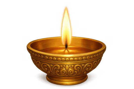 Golden diya oil lamp burning with a bright flame, representing light, hope and prosperity for indian cultural celebrations. Png