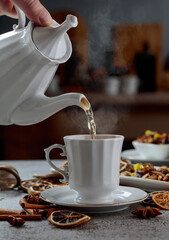 Herbal tea is poured into a cup.