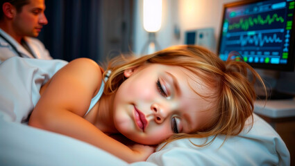 Young girl sleeping in hospital bed with heart rate monitor.
