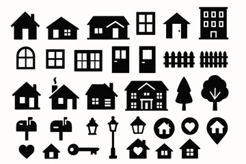 Fototapeta premium Home Silhouette Vector Set – 45 Black & White House Elements