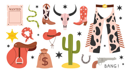 Set of wild west elements.  Retro collection of cowboy boots, bandana, hat, gun, cactus, horseshoe, cow skull, saddle, wanted poster and snake. Flat vector illustration