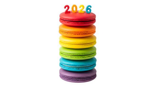 Tower of colorful macarons with 2026 candles isolated on transparent background - Powered by Adobe