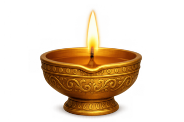 Golden diya lamp burning a bright flame, symbolizing diwali festival celebrations, spirituality, puja, and hindu culture