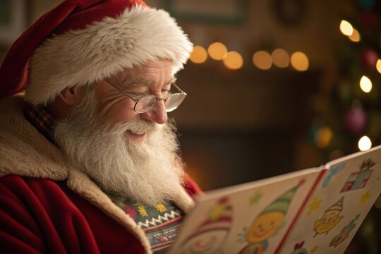 Santa Claus smiling while reading a childs colorful drawing