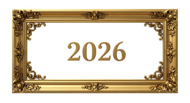 Golden ornate frame with 2026 year isolated on transparent background