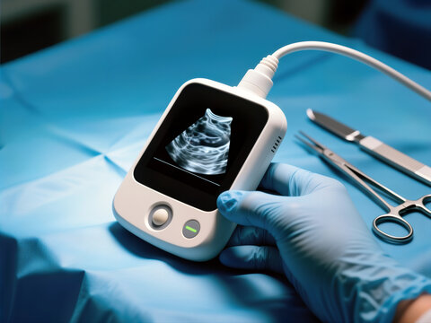 Gloved hand holding a portable ultrasound device with a sonogram on the screen.