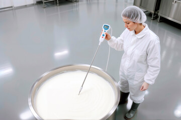 Factory worker in sterile gear testing white liquid in stainless steel vat with probe.
