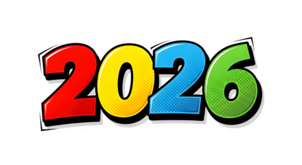 Colorful 2026 year digits isolated on transparent background