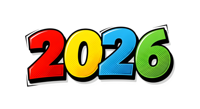 Colorful 2026 year digits isolated on transparent background