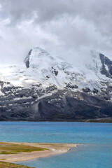 Snow-Capped Mountain Peak Above Turquoise Lake, Tibet Highland Wilderness