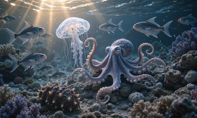 A painting depicting life underwater. Rich in plant and animal life. Beautiful light and great detail.