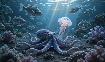 A painting depicting life underwater. Rich in plant and animal life. Beautiful light and great detail.