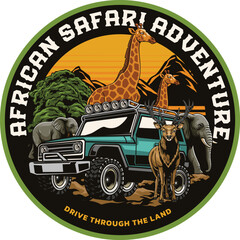 safari illustration with some african animals for logo badge