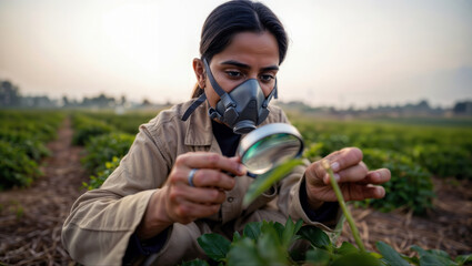 Agricultural scientist in respirator examining plant with magnifying glass in field.