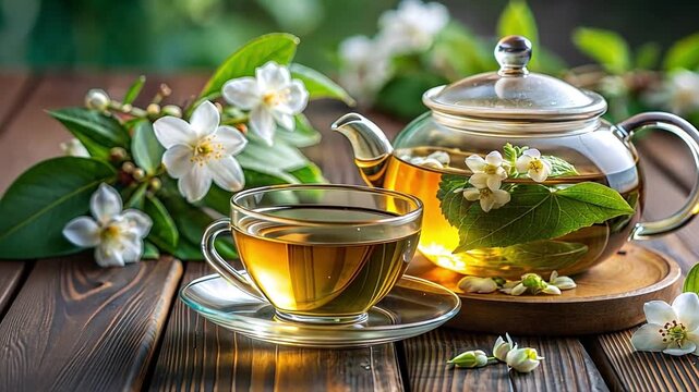 A glass teapot and teacup with freshly brewed jasmine tea. Still life composition with fresh white flowers on a wooden table. Healthy herbal drink and wellness concept