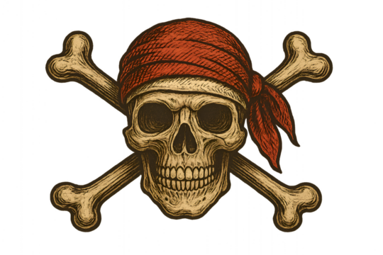 Vintage pirate skull with crossed bones and red bandana evokes adventure and danger for themed events or creative designs, perfect for edgy branding