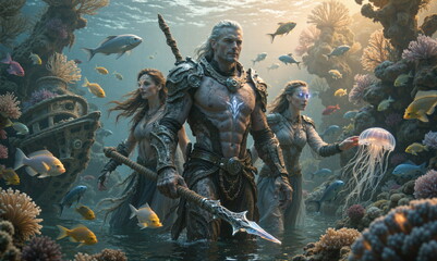 A painting depicting life underwater. Rich in plant and animal life. Beautiful light and great detail.