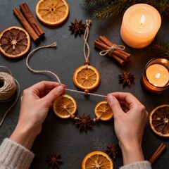 DIY Christmas decorations made from natural materials. Handcrafted Christmas garland with a cozy feel using dried orange slices, cinnamon sticks, and star anise