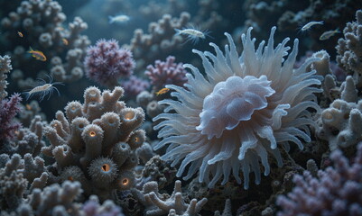 A painting depicting life underwater. Rich in plant and animal life. Beautiful light and great detail.