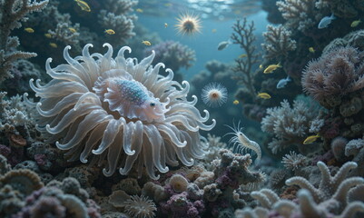 A painting depicting life underwater. Rich in plant and animal life. Beautiful light and great detail.