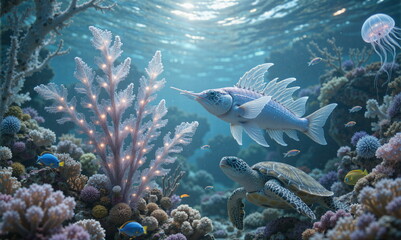 A painting depicting life underwater. Rich in plant and animal life. Beautiful light and great detail.