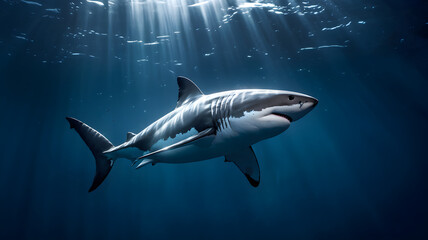 Obraz premium A powerful great white shark swims gracefully in the deep blue ocean, its impressive form illuminated by beautiful sun rays filtering through the water