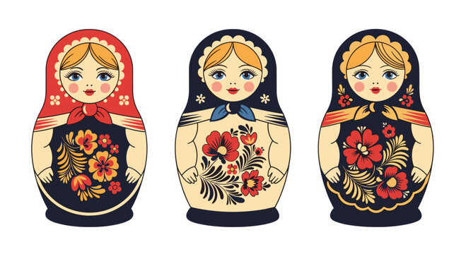 Three traditional Russian nesting dolls with floral patterns on a white background.
