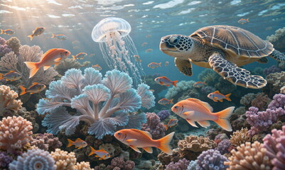 A painting depicting life underwater. Rich in plant and animal life. Beautiful light and great detail.