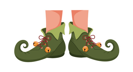 Pair of green elf boots with curly toes and gold bells, worn by cartoon legs.