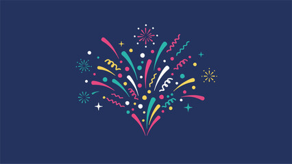Vibrant abstract fireworks explosion with colorful confetti and streamers, a festive graphic illustration perfect for celebration and party designs