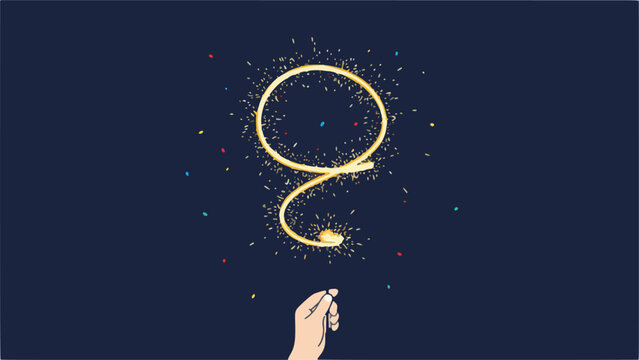 A creative hand illuminates the darkness, drawing an enchanting golden sparkling light trail that spirals into existence, symbolizing the power of imagination and the magic of creation