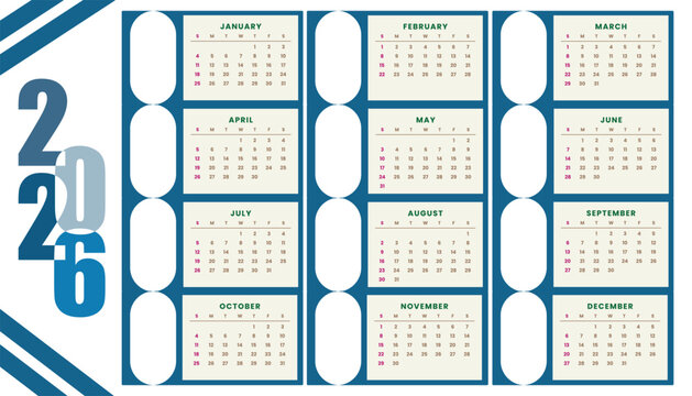 Clean and simple 2026 calendar 