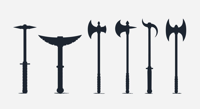 Silhouettes of various medieval axes and polearms against a light background.