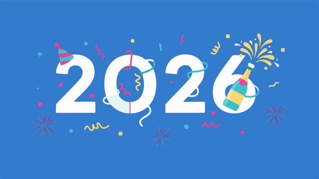 Festive 2026 New Year's Eve Celebration Design with Confetti, Streamers, and Champagne Bottle Pop for Holiday Season Greetings and Party Invitations