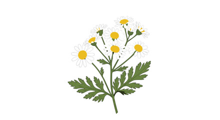 A digital illustration of a cluster of white chamomile flowers with yellow centers and green leaves.