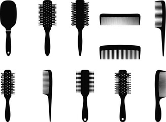 Silhouette vector set of combs and hairbrushes for hair grooming, styling, detangling, curling, smoothing, beauty salon and accessories