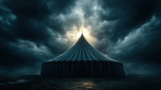Scary vintage circus tent in dark mystery concept. A mysterious circus tent illuminated by a dramatic stormy sky.