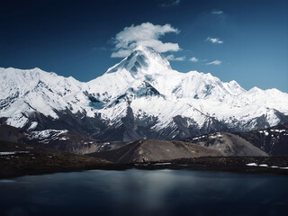 Snowcapped Mountain Peak Reflecting in Alpine Lake, Sichuan China