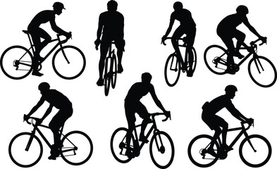 Silhouette vector set of cyclists in various riding postures, racing and commuting styles, perfect for sports, fitness, and motion design.
