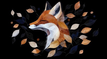 A stylized fox face with closed eyes is surrounded by falling autumn leaves in various warm colors and some outlined leaves on a black background.