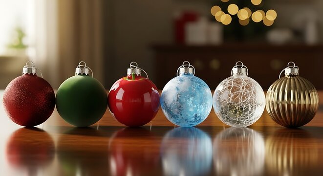 A row of six colorful and decorative christmas ornaments displayed on a polished wooden surface