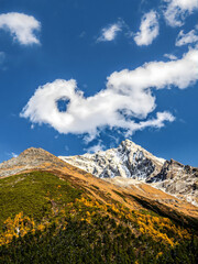Snowcapped Alpine Mountain Peak with Autumn Foliage and Blue Sky