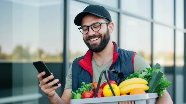 Smiling delivery driver holds phone and fresh groceries, ready for efficient service 4k high quality footage