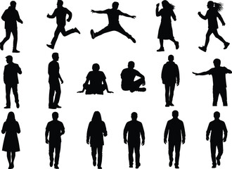Silhouette vector set of diverse human poses including walking, jumping, sitting, running, gesturing for animation, design, and motion study