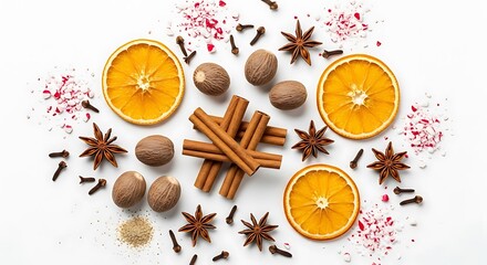 Overhead view of dried orange slices cinnamon sticks star anise nutmeg and cloves arranged in a festive pattern