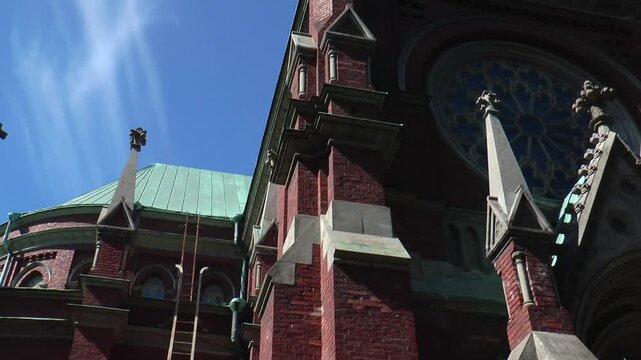 The exquisite architecture of Finland. Red brick Gothic cathedral in the center of Helsinki.