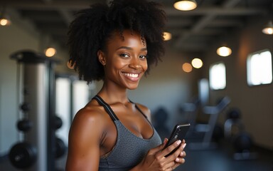 Fitness, woman and phone blog for live stream exercise at gym on platform or app. Influencer, training or health vlog with black person or coach talking to social media or virtual audience with light