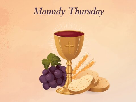 Maundy thursday religious symbols of communion wine bread and grapes