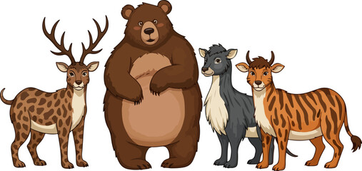 Naklejka premium Cute Wildlife in a Row Deer, Bear, and Antelope Wildlife Harmony