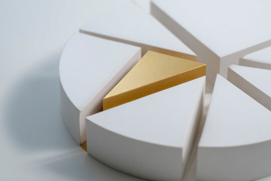 Abstract 3D donut chart with single golden segment raised from the structure. Concept of leadership, success, financial growth, and business innovation.